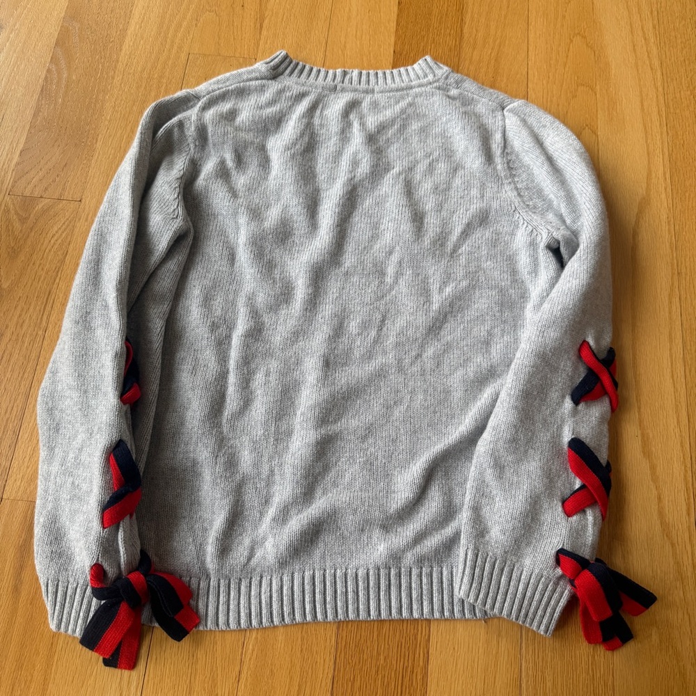 Boden Angelica Sweater Gray W/Red & Blue Ties On Sleeves Knit Crewneck Large - Picture 2 of 7
